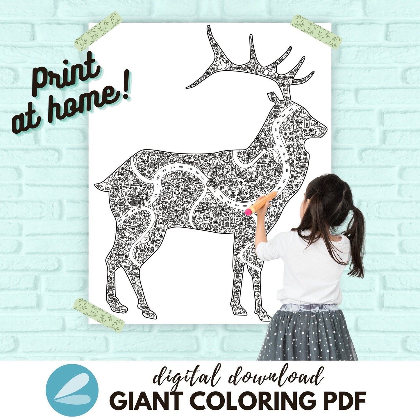 GIANT Reindeer Coloring Page - Holiday Reindeer PDF - Instant Download