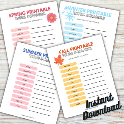 Four Season Word Scramble Printable Bundle - Word Scramble Seasons Bundle Printable PDF - Instant Download