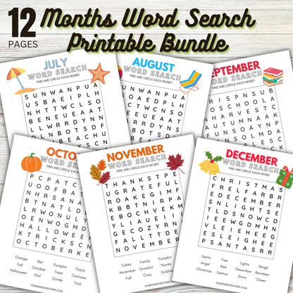 12 Months Word Search Printable Bundle - Word Search Bundle Printable PDF - Instant Download