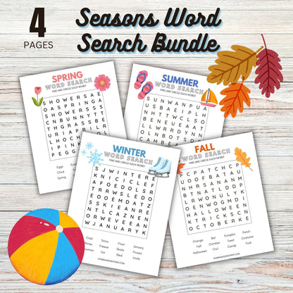 Four Season Word Search Printable Bundle - Word Search Seasons Bundle Printable PDF - Instant Download