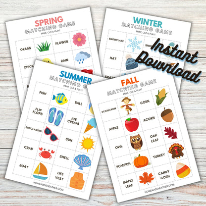 Seasons Matching Game Printable Bundle - Four Season Matching Game Printable PDF - Instant Download