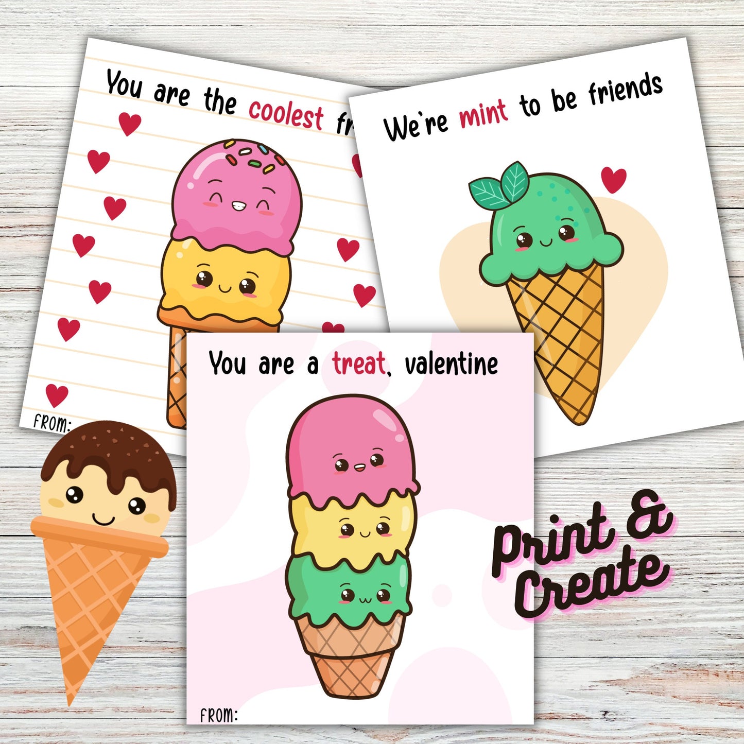 Ice Cream Valentine Printable Bundle - Valentines Day Printable Cards PDF - Instant Download