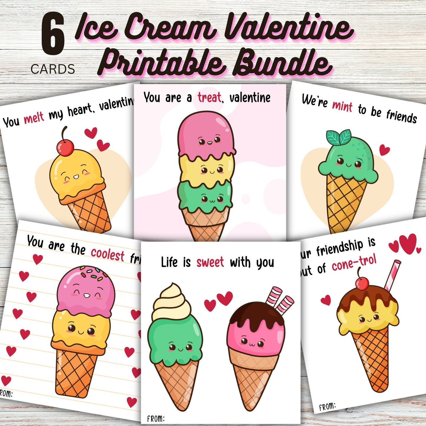 Ice Cream Valentine Printable Bundle - Valentines Day Printable Cards PDF - Instant Download